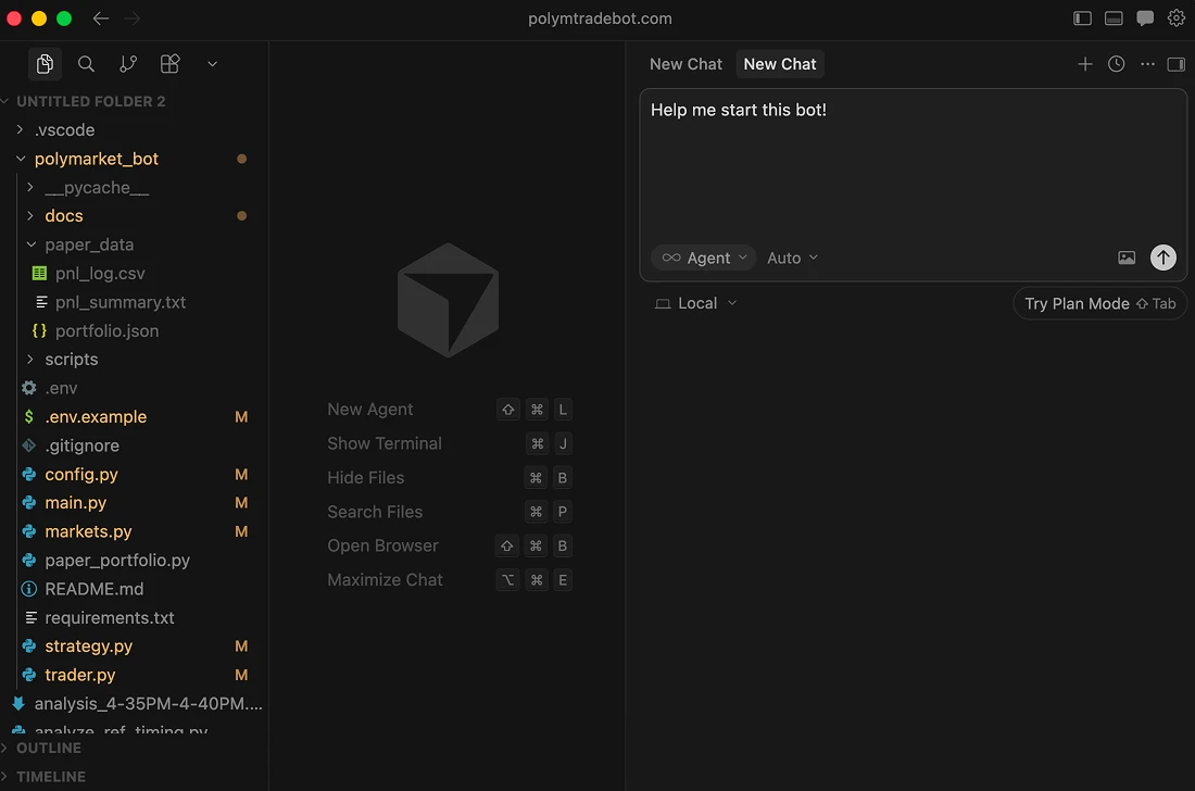 The bot's folder open in an AI code editor with the prompt 'Help me start this bot!'